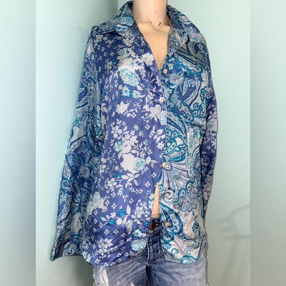 💫STUNNING Vintage 90s Y2K Blue Floral Paisley Silk Long Sleeve Button Down Shirt - Picture 8 of 10